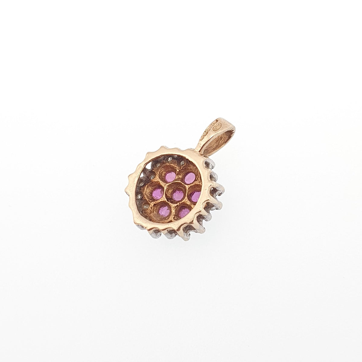 Vintage 9k 9ct Gold Ruby & Diamond Necklace Pendant Flower Cluster Genuine Gemstones Solid 9kt Womens Jewelry Retro Jewellery
