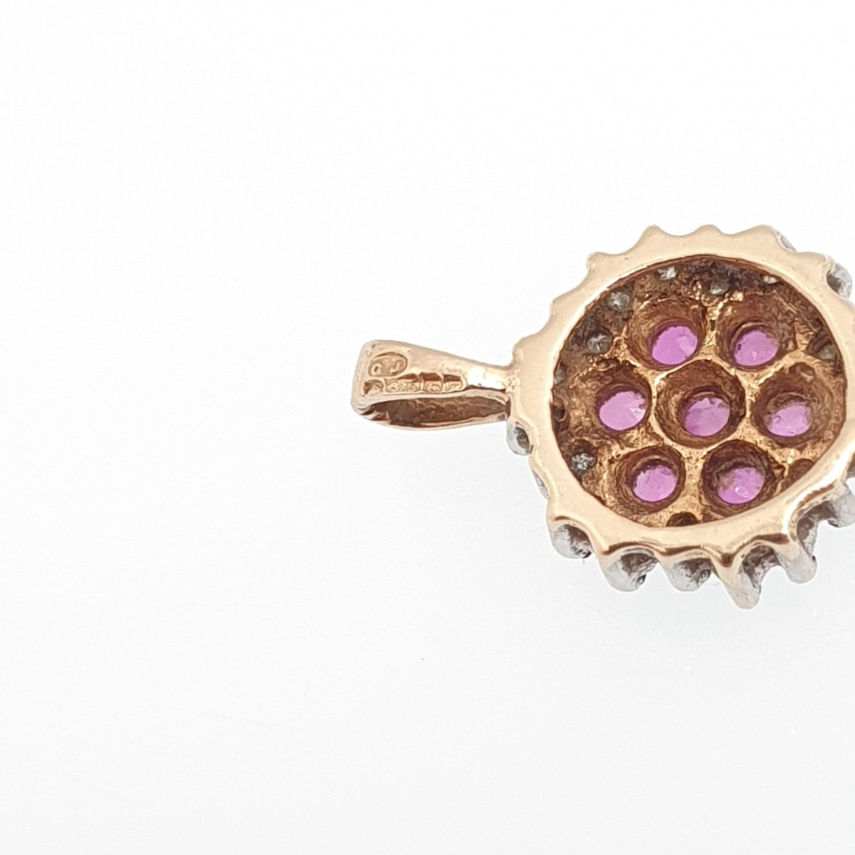 Vintage 9k 9ct Gold Ruby & Diamond Necklace Pendant Flower Cluster Genuine Gemstones Solid 9kt Womens Jewelry Retro Jewellery