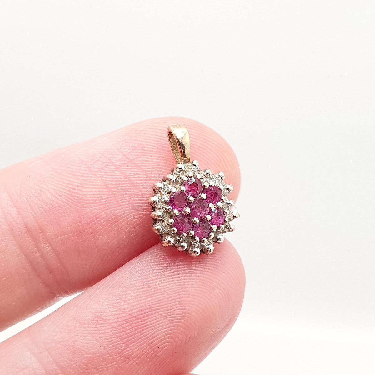 Vintage 9k 9ct Gold Ruby & Diamond Necklace Pendant Flower Cluster Genuine Gemstones Solid 9kt Womens Jewelry Retro Jewellery