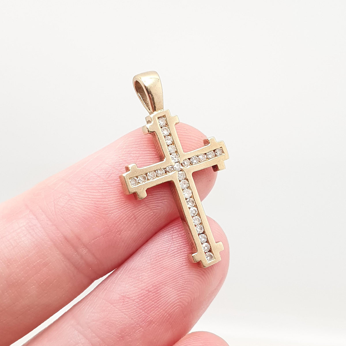 Vintage 9ct Gold Diamond Cross Crucifix Pendant Natural Diamonds Solid 9k 9kt 375 Necklace Yellow Gold Retro Jewelry