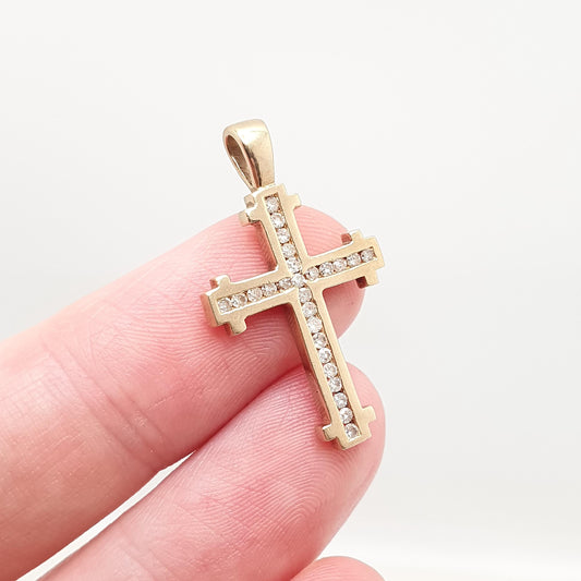Vintage 9ct Gold Diamond Cross Crucifix Pendant Natural Diamonds Solid 9k 9kt 375 Necklace Yellow Gold Retro Jewelry