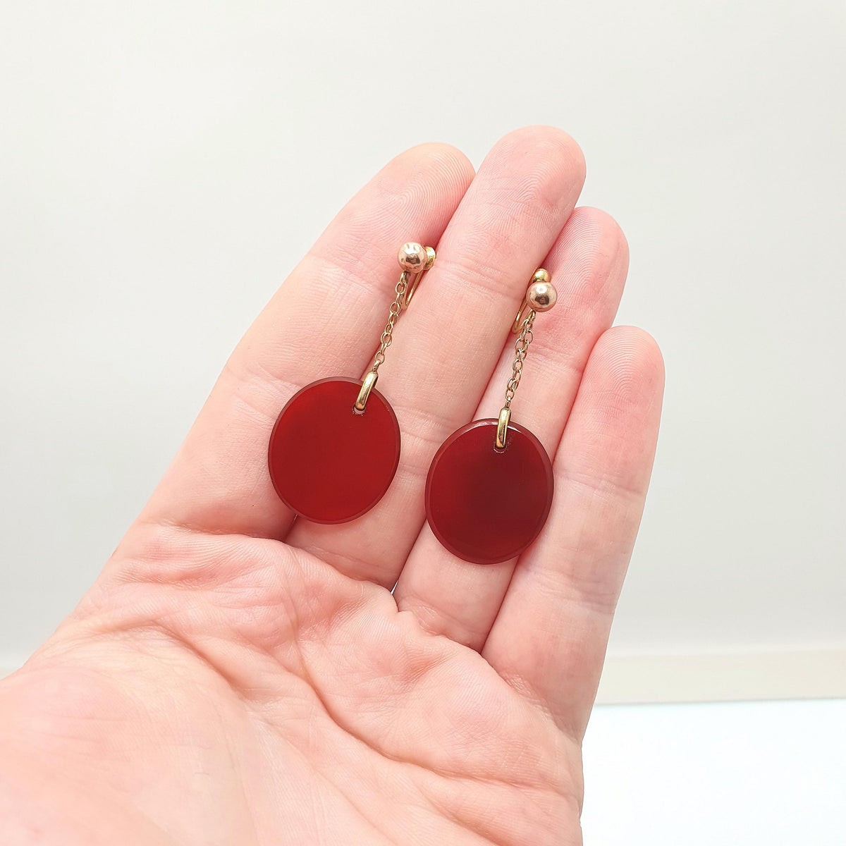 Antique 9ct 9k Gold Carnelian Drop Earrings Oval Gemstone Edwardian Solid 375 Screw Back Agate Red Orange Hanging Jewellery Jewelry