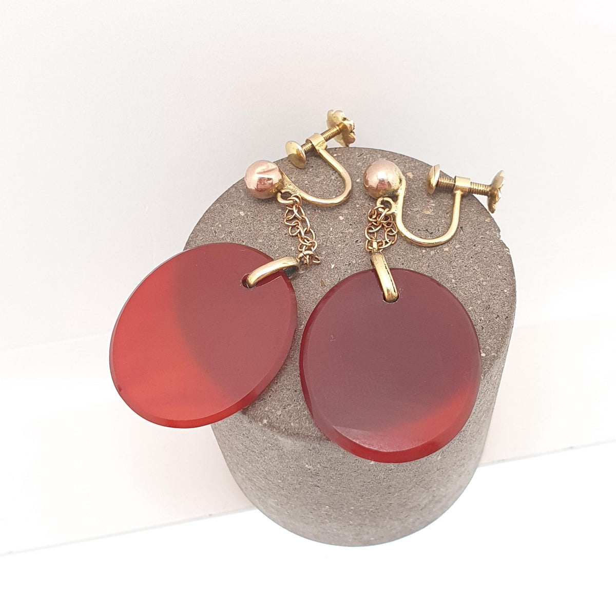 Antique 9ct 9k Gold Carnelian Drop Earrings Oval Gemstone Edwardian Solid 375 Screw Back Agate Red Orange Hanging Jewellery Jewelry