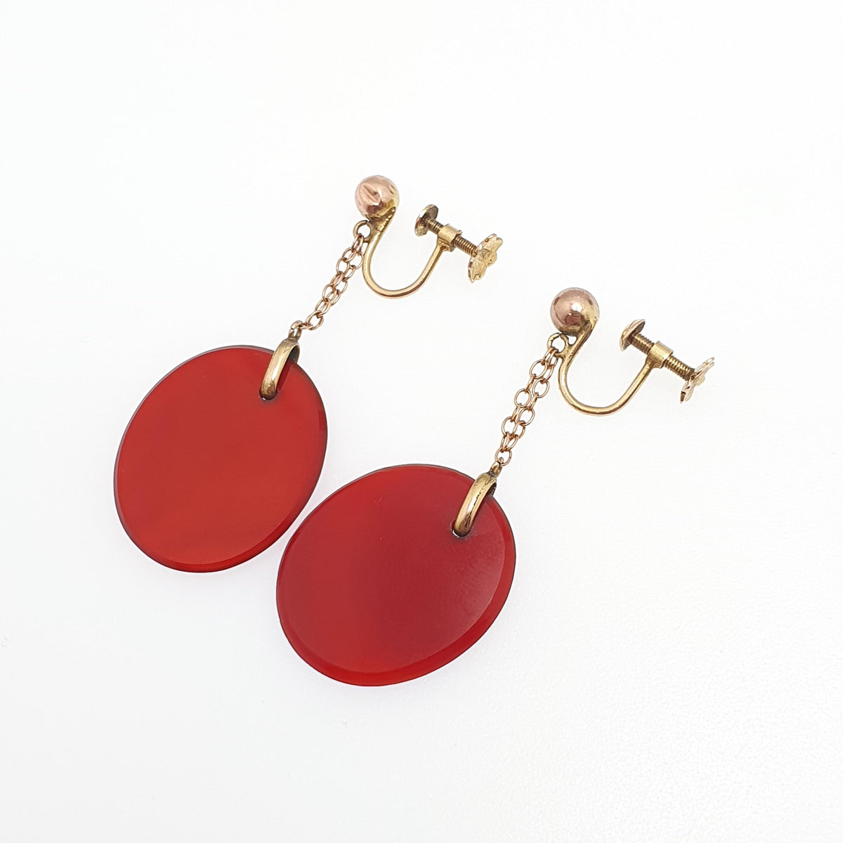 Antique 9ct 9k Gold Carnelian Drop Earrings Oval Gemstone Edwardian Solid 375 Screw Back Agate Red Orange Hanging Jewellery Jewelry