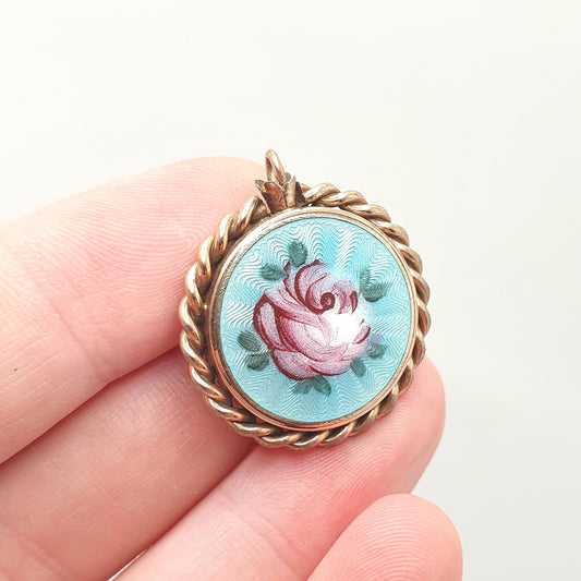 Antique Rolled Gold Enamel Locket Pendant Rose Flower Necklace Edwardian Rose Gold Filled Guilloche Vintage Round Circle Jewelry Jewellery