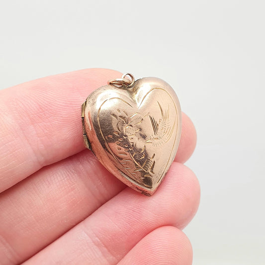 Antique 9ct Rose Gold Bird Engraved Heart Locket Pendant 9k 9kt Back and Front Necklace Vintage Jewelry Womens Jewellery
