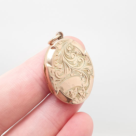 Antique 9ct Rose Gold Locket Oval Solid 9k 375 Back and Front Hand Engraved Pendant Necklace Vintage Jewelry Womens Jewellery