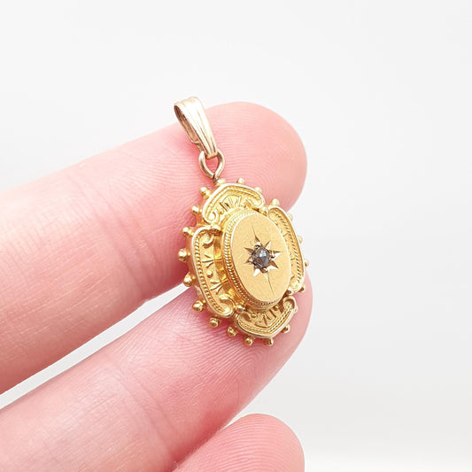Antique Victorian 15ct Gold Diamond Pendant Star Centre Solid 625 15k Etruscan Necklace Yellow Vintage Jewelry Womens Jewellery