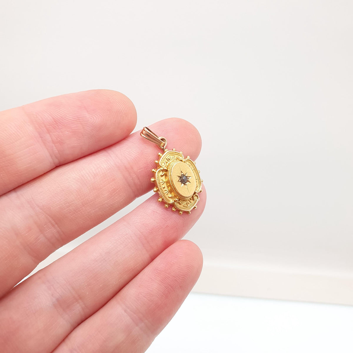 Antique Victorian 15ct Gold Diamond Pendant Star Centre Solid 625 15k Etruscan Necklace Yellow Vintage Jewelry Womens Jewellery