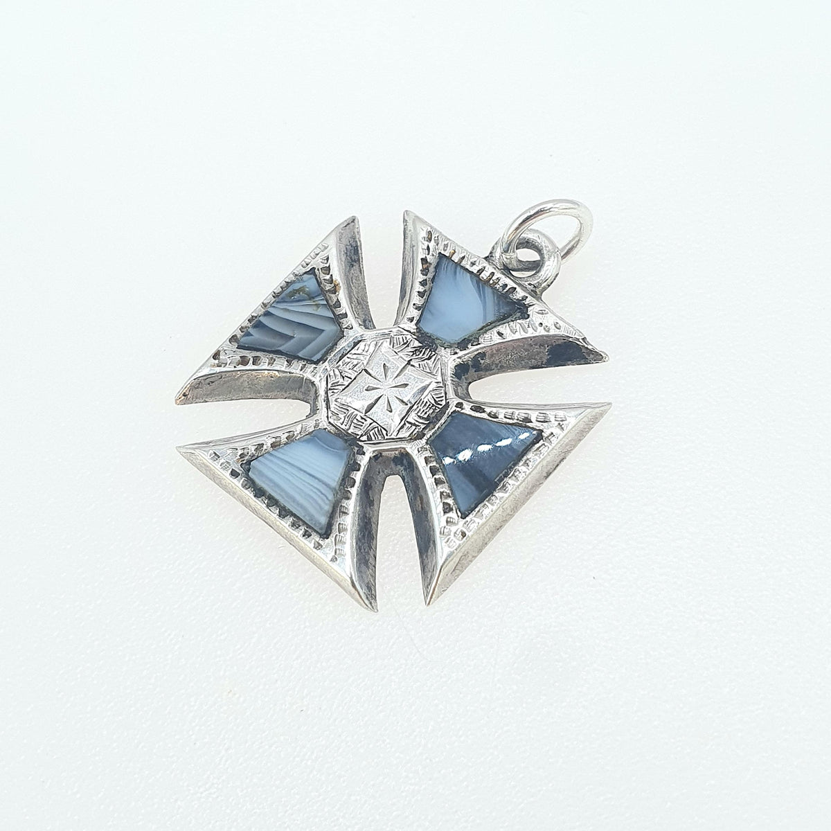 Antique Victorian Solid Silver Montrose Lace Agate Maltese Cross Crucifix Pendant Necklace Scottish Vintage Jewelry Jewellery Womens Mens