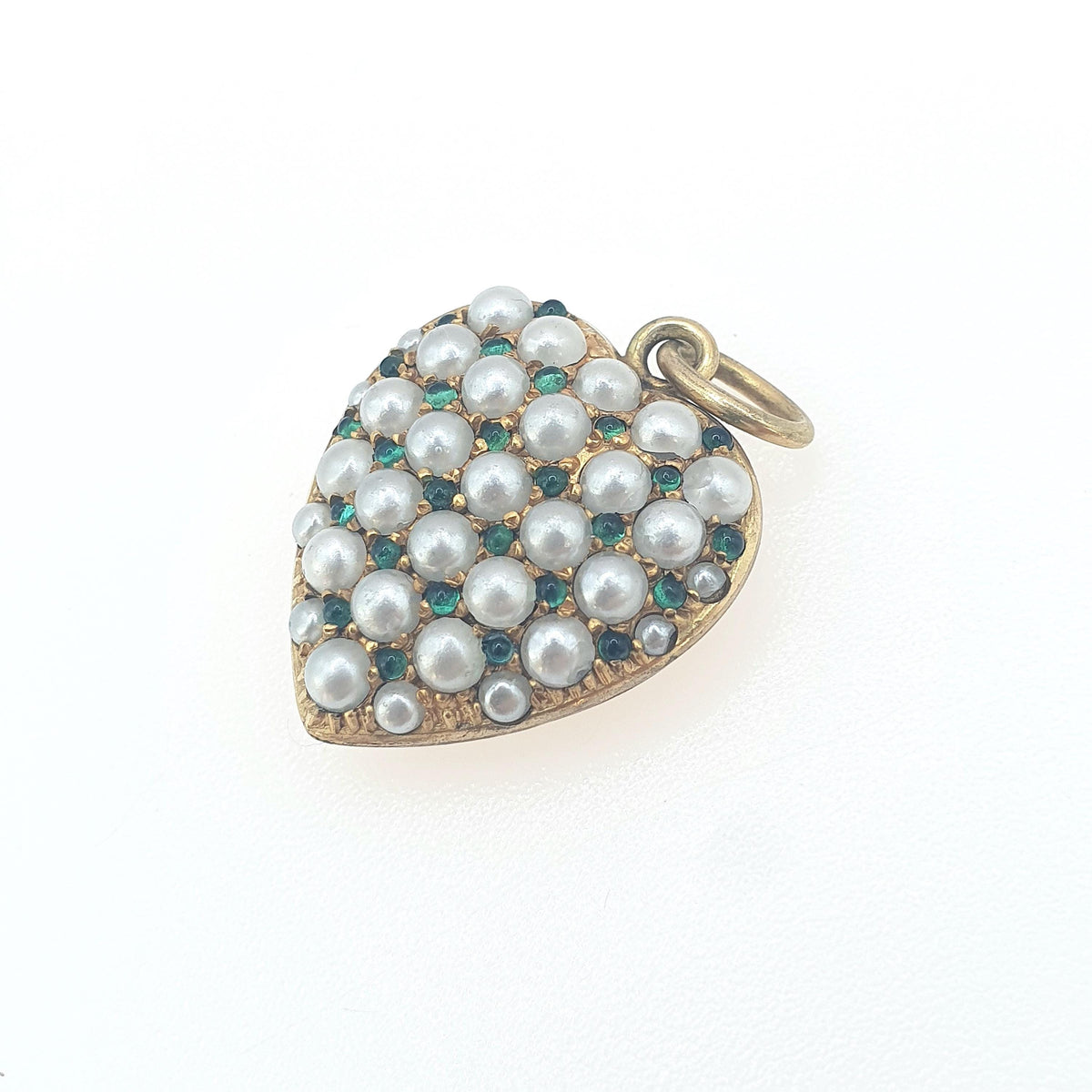 Antique Victorian Rolled Gold Pearl & Emerald Paste Puffer Heart Pendant Faux Pearls Grid Pattern Womens Jewelry Vintage Jewellery