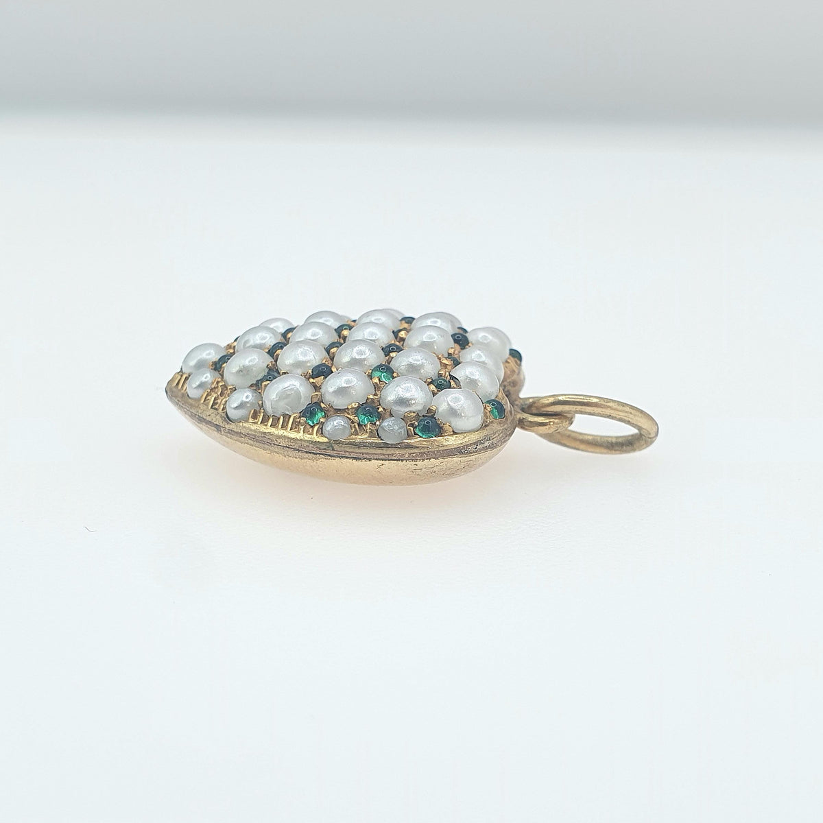 Antique Victorian Rolled Gold Pearl & Emerald Paste Puffer Heart Pendant Faux Pearls Grid Pattern Womens Jewelry Vintage Jewellery