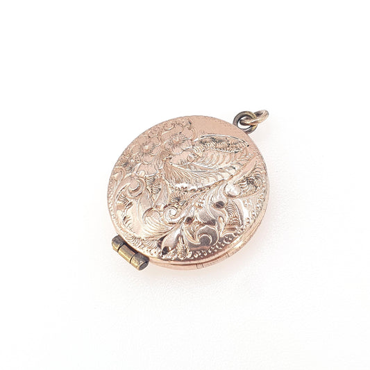 Antique Victorian Rose Rolled Gold Locket Round Circle Gold Filled Floral Pattern Vintage Photo Necklace Womens Jewellery Jewelry