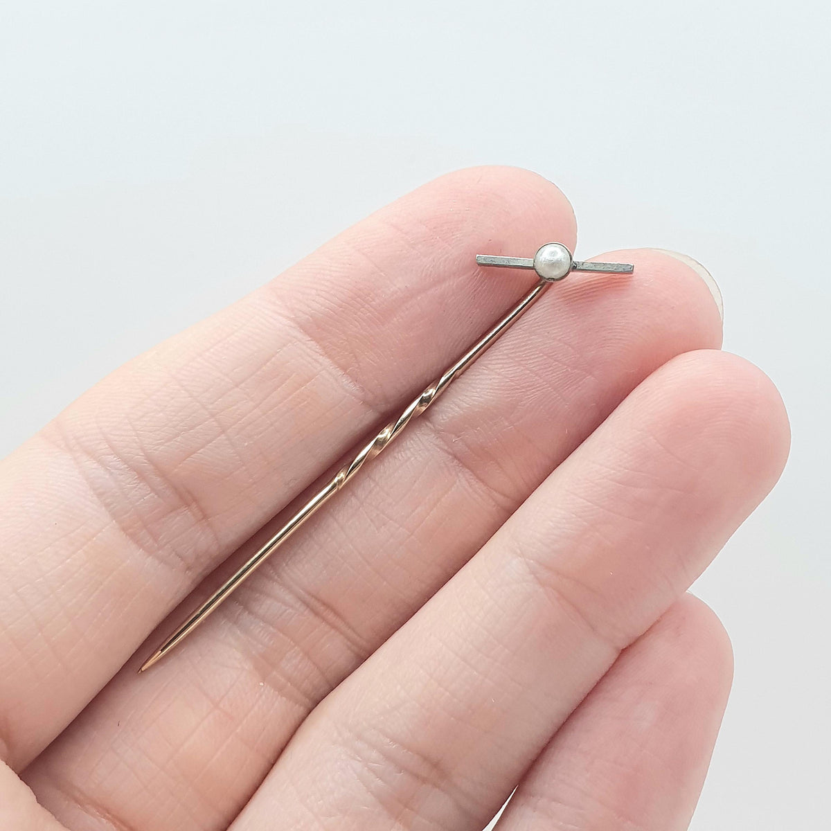 Antique Rolled Gold Pearl Stick Pin Propellor Shape Art Deco White Gold Head Gold Filled Mens Gents Jewelry Jewellery Old Vintage