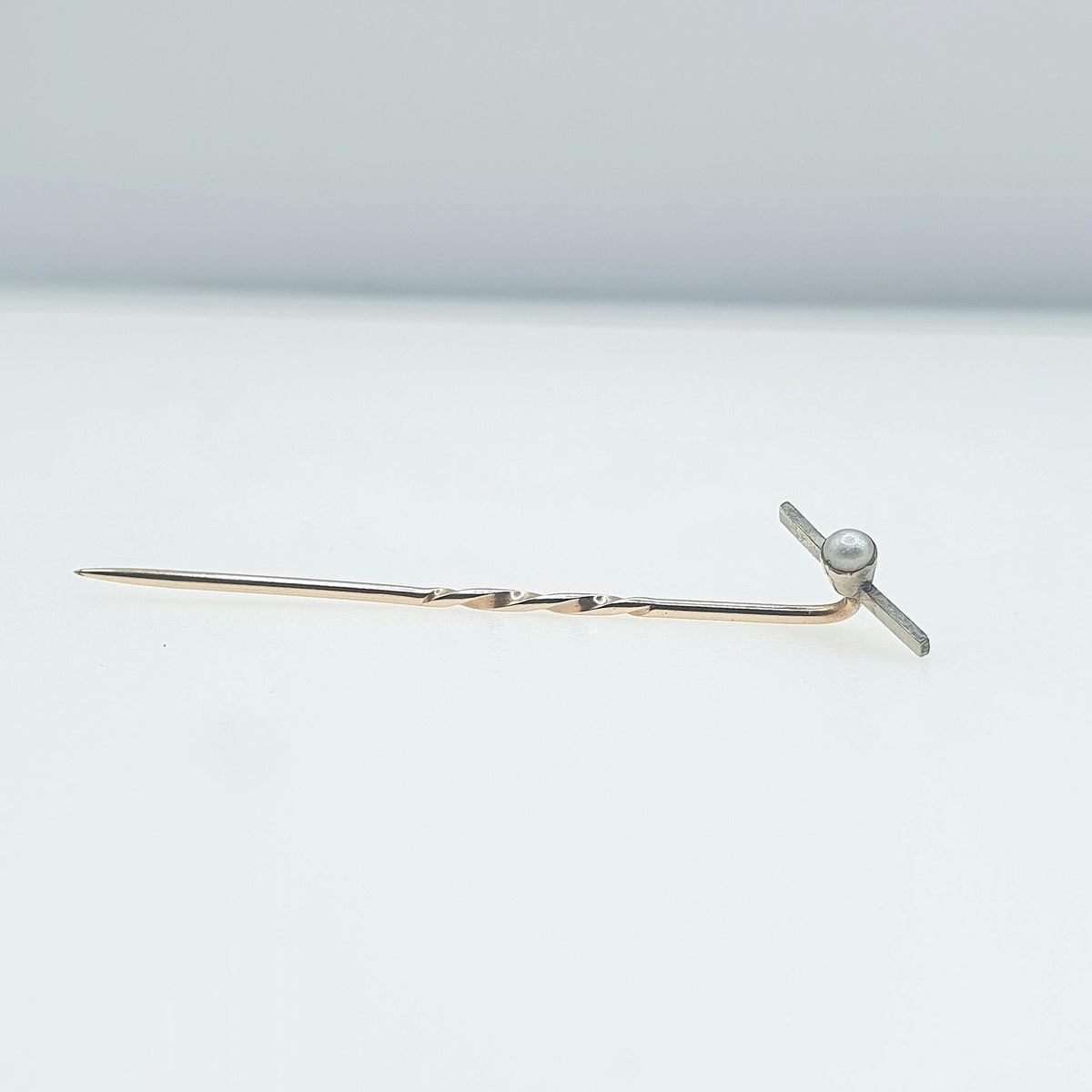 Antique Rolled Gold Pearl Stick Pin Propellor Shape Art Deco White Gold Head Gold Filled Mens Gents Jewelry Jewellery Old Vintage