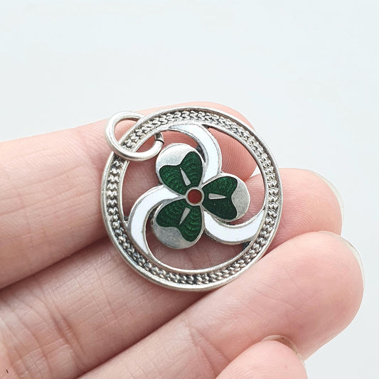 Antique Sterling Silver Clover Pendant Fob Necklace Enamel Three Leaf 1913 Hallmark Irish Good Luck Jewelry Vintage Jewellery Mens Womens