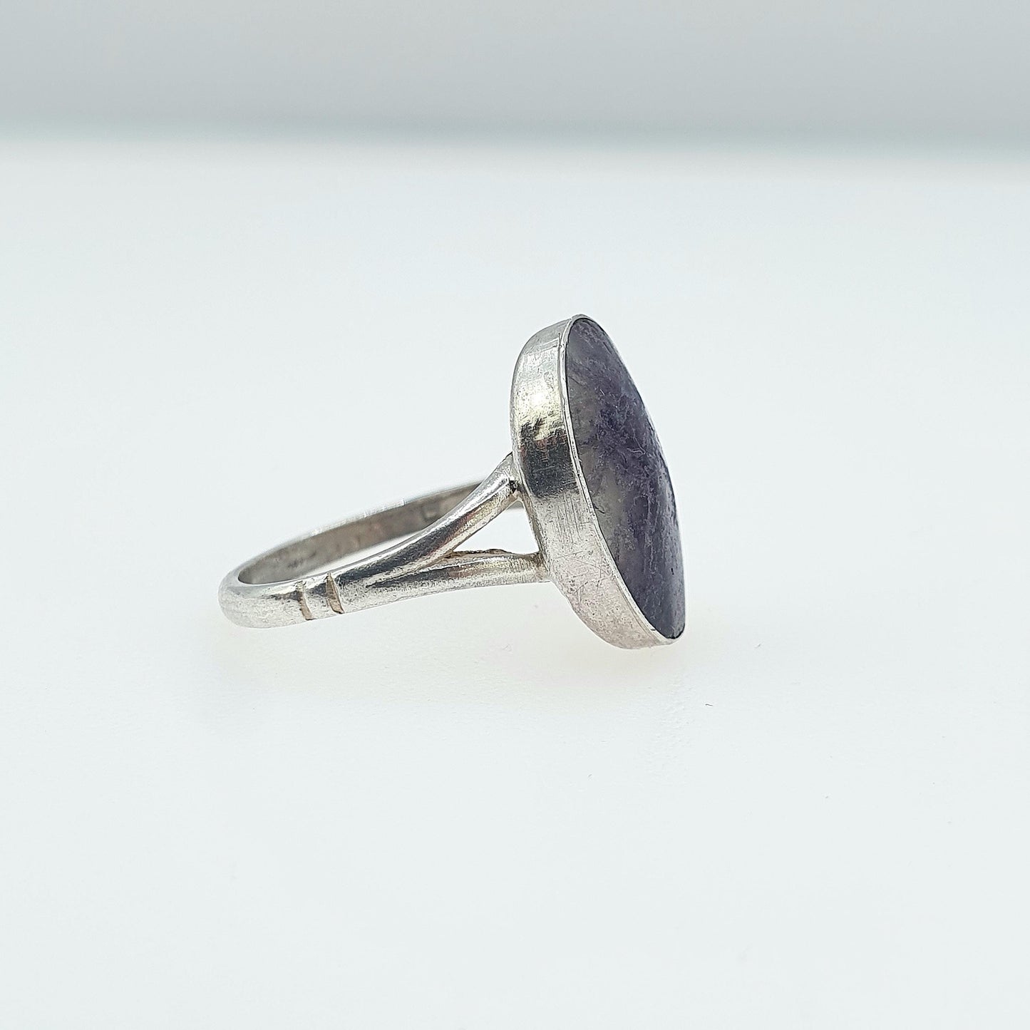 Antique Solid Silver Blue John Ring Signet Oval Cut Cabochon Genuine Womens Rare Fluorite Gemstone Mens Jewelry Jewellery UK I.5 US 4.5