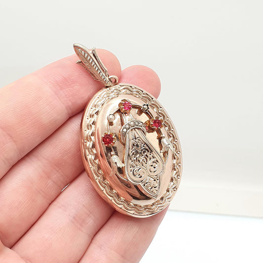 Antique 9ct Rose Gold Locket Garnet & Seed Pearl 9k 9kt Back and Front Victorian Solid Silver Decoration Large Oval Jewelry Jewellery