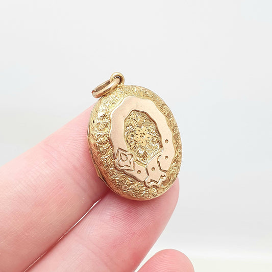 Antique Victorian 14k Gold Locket Buckle Pattern Solid 14kt 585 Yellow and Rose Hand Engraved Small Oval Necklace Pendant Vintage Jewelry