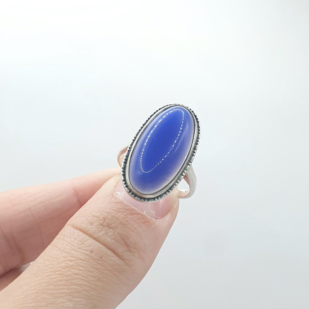 Antique Solid Silver Blue Chalcedony Ring Large Oval Cabochon Blue Gemstone Art Deco 1920s Vintage Womens Jewellery Jewelry