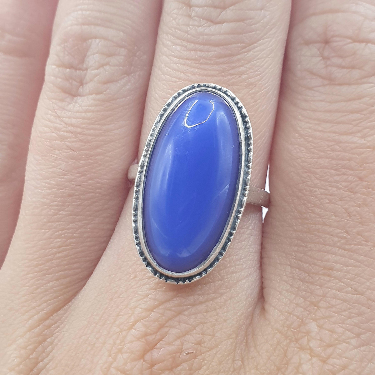 Antique Solid Silver Blue Chalcedony Ring Large Oval Cabochon Blue Gemstone Art Deco 1920s Vintage Womens Jewellery Jewelry