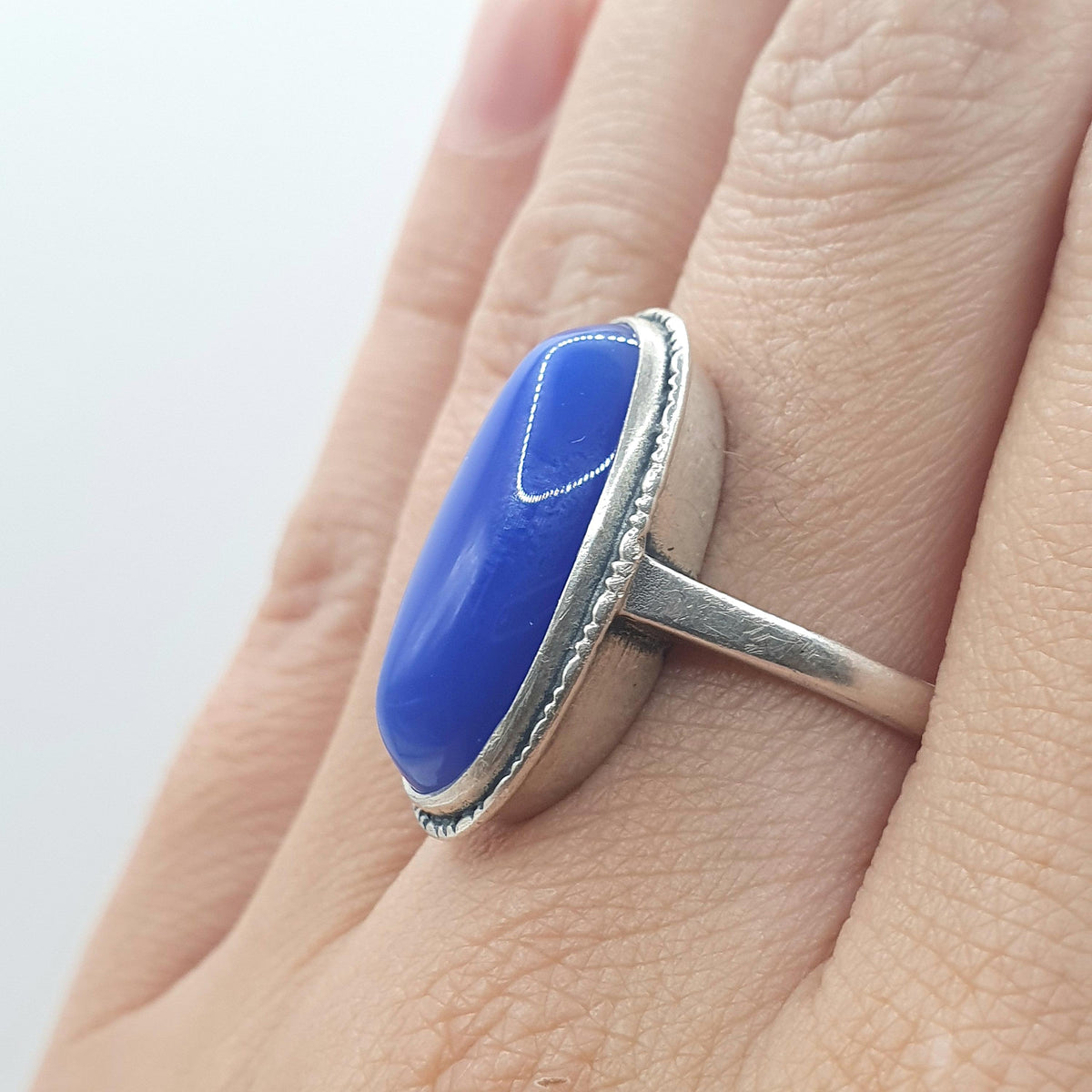 Antique Solid Silver Blue Chalcedony Ring Large Oval Cabochon Blue Gemstone Art Deco 1920s Vintage Womens Jewellery Jewelry