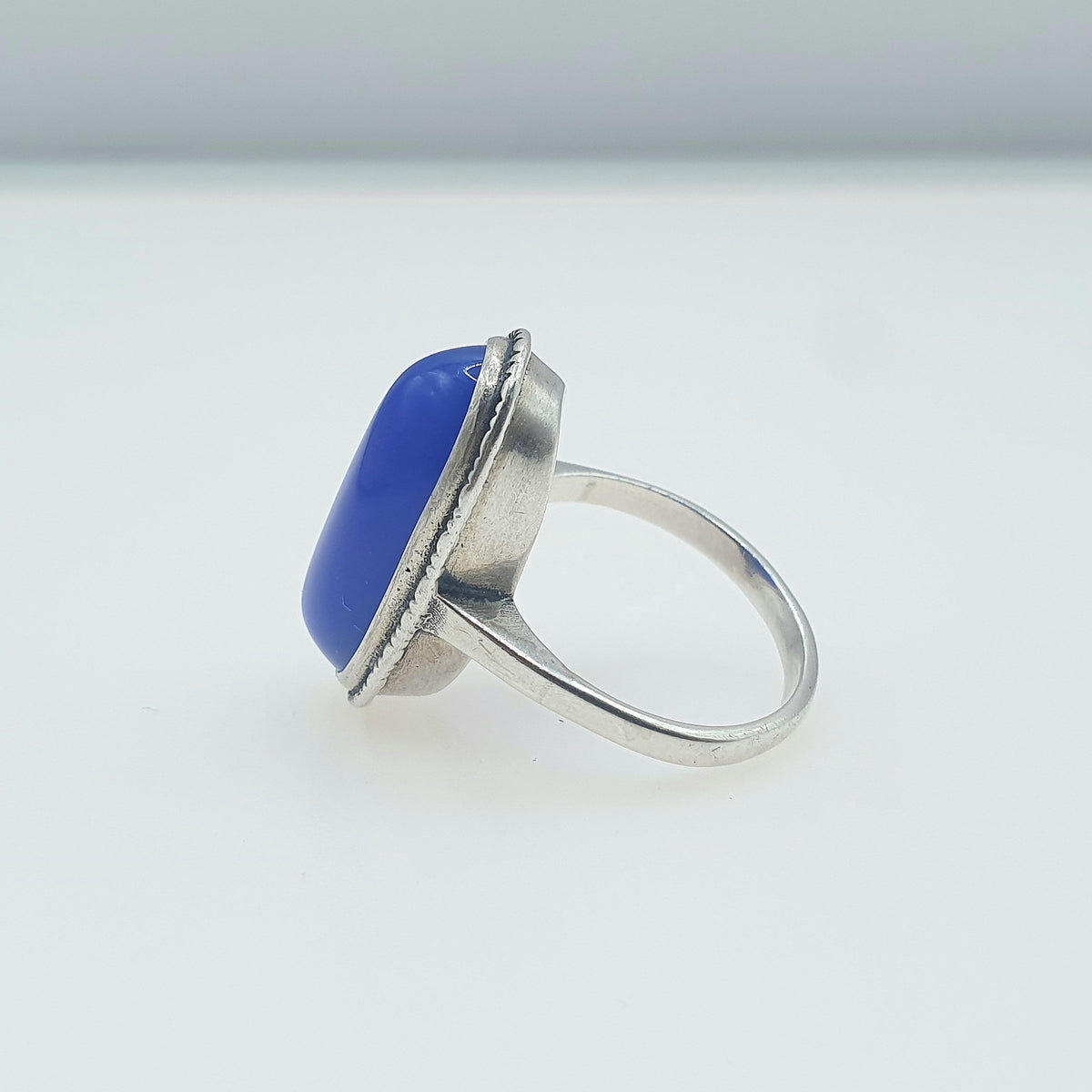Antique Solid Silver Blue Chalcedony Ring Large Oval Cabochon Blue Gemstone Art Deco 1920s Vintage Womens Jewellery Jewelry