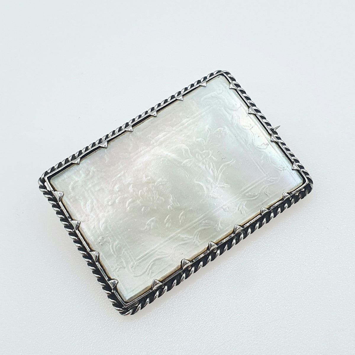 Antique Victorian Solid Silver Carved Mother of Pearl Brooch White Shell Cameo Floral Pattern Womens Jewelry Vintage Jewellery