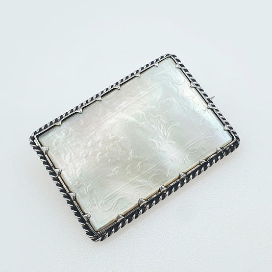 Antique Victorian Solid Silver Carved Mother of Pearl Brooch White Shell Cameo Floral Pattern Womens Jewelry Vintage Jewellery
