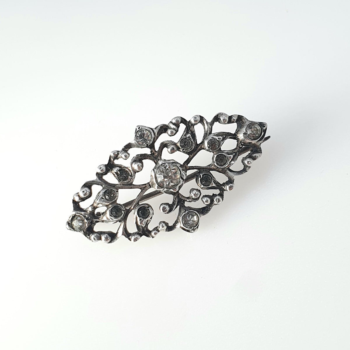 Antique Victorian Solid Silver Diamond Paste Brooch Georgian Revival Scroll Design Navette Shape Vintage Jewelry Jewellery Womens