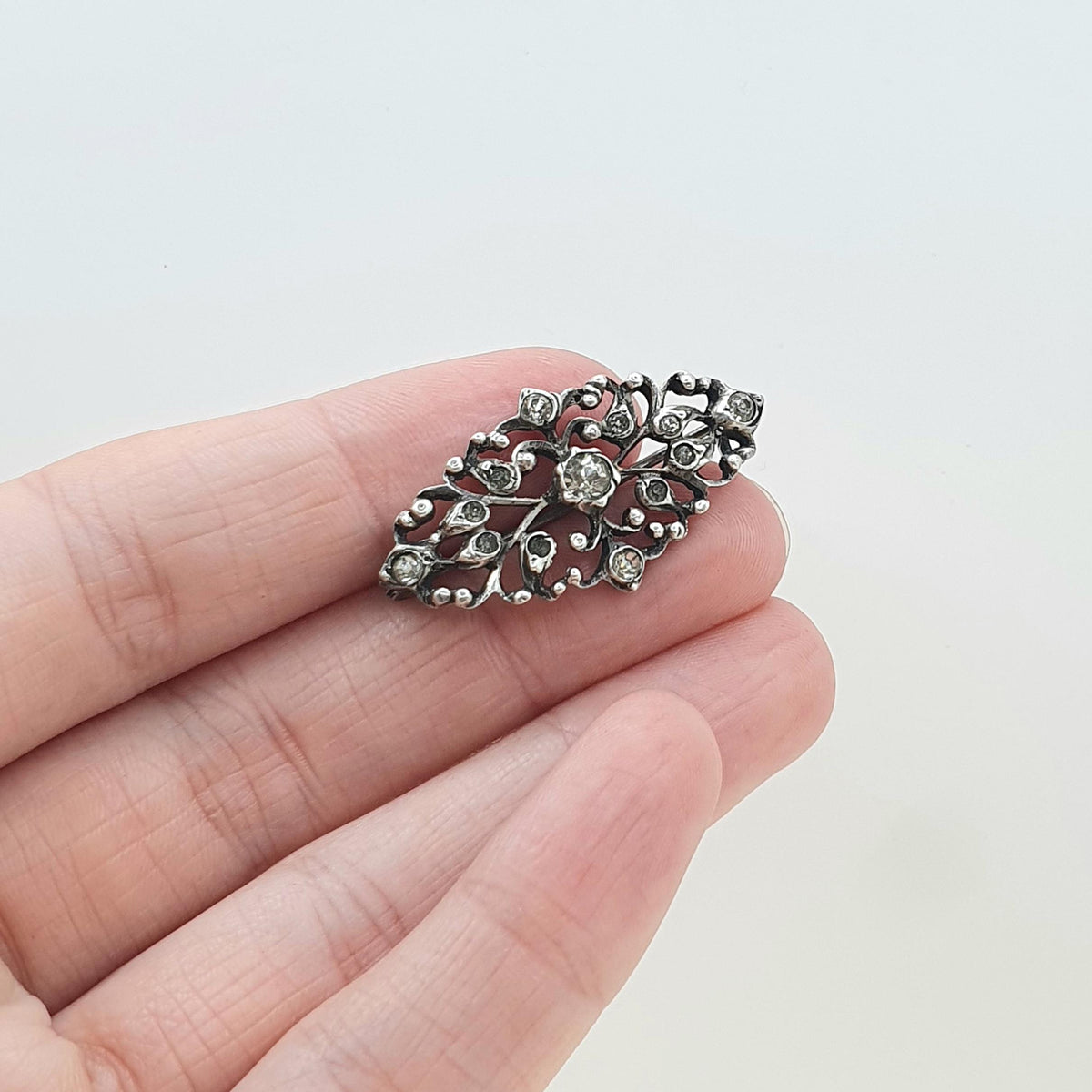 Antique Victorian Solid Silver Diamond Paste Brooch Georgian Revival Scroll Design Navette Shape Vintage Jewelry Jewellery Womens