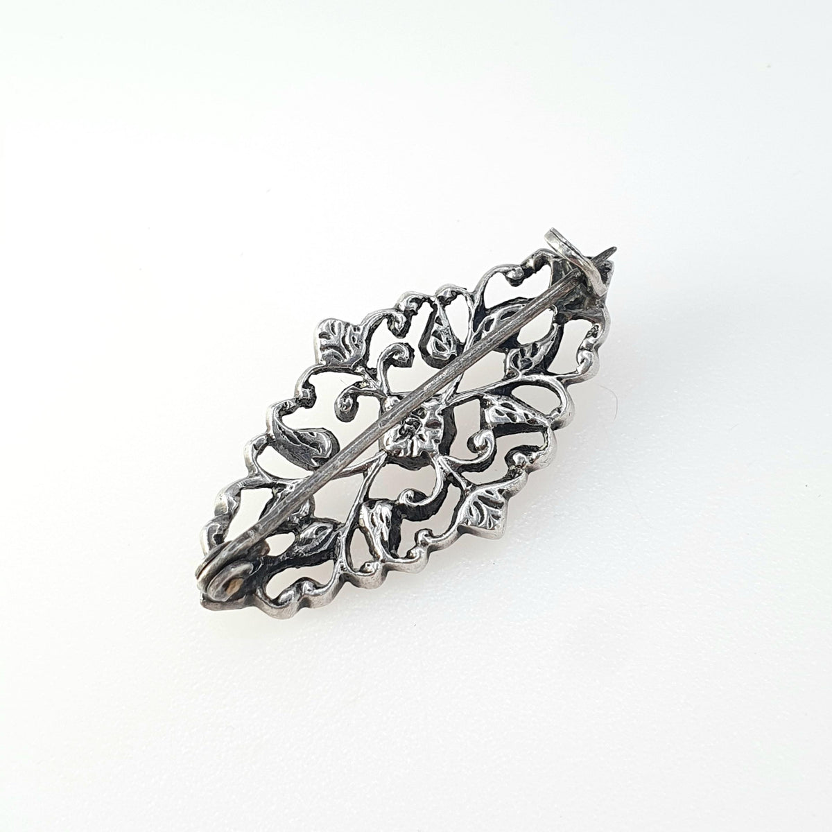 Antique Victorian Solid Silver Diamond Paste Brooch Georgian Revival Scroll Design Navette Shape Vintage Jewelry Jewellery Womens