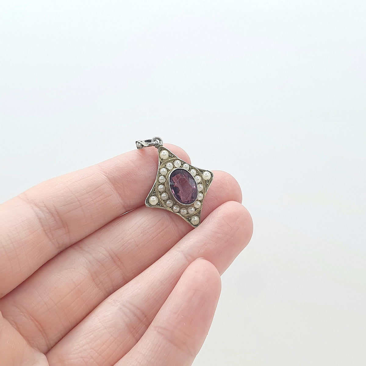 Antique Solid Silver Amethyst Paste Pearl Pendant Faux Simulated Kite Shape Necklace Vintage Jewellery Womens Jewelry
