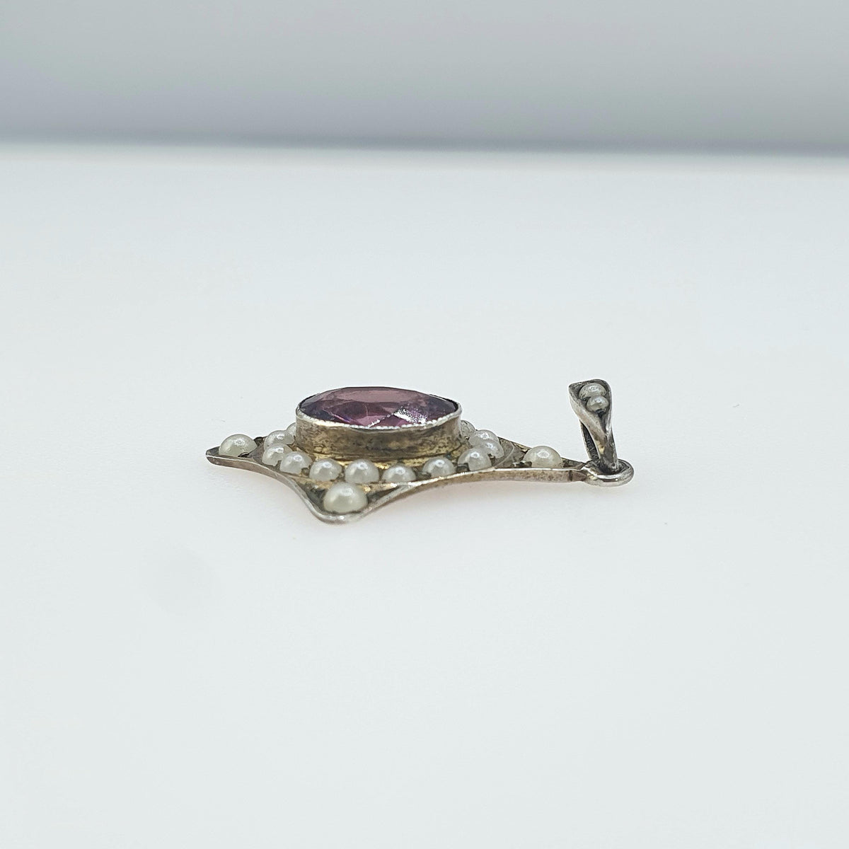 Antique Solid Silver Amethyst Paste Pearl Pendant Faux Simulated Kite Shape Necklace Vintage Jewellery Womens Jewelry