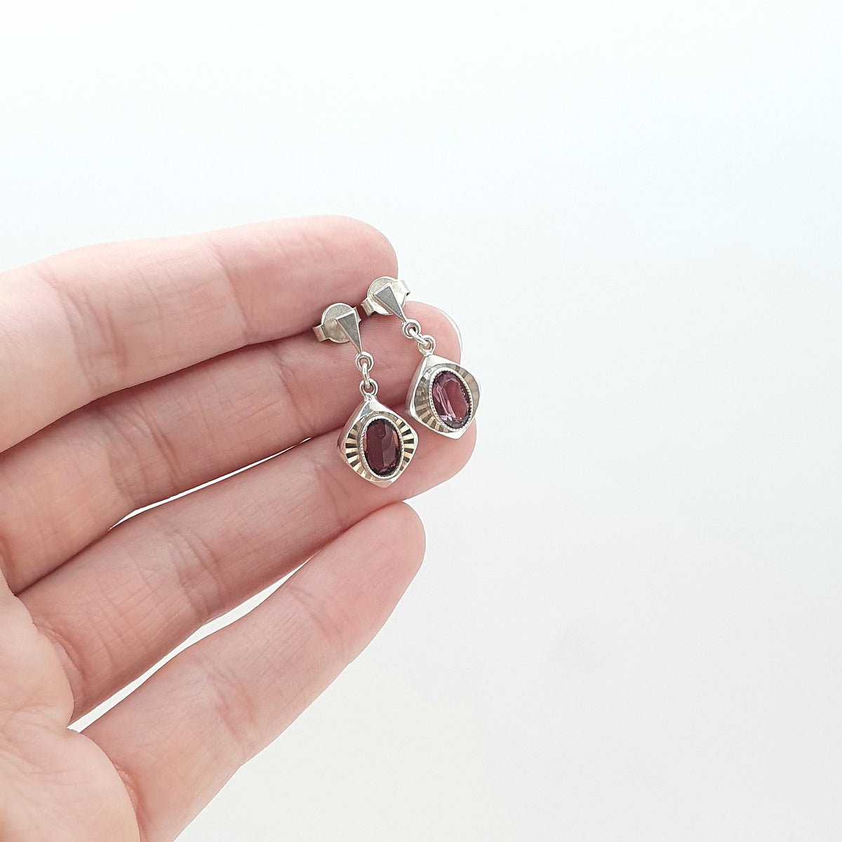 Antique Art Deco Solid Silver Amethyst Paste Earrings Stud Hanging Square Shape Oval Cut Vintage Womens Jewelry Jewellery