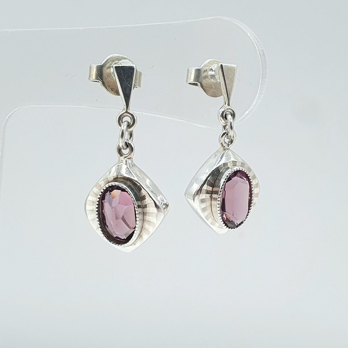 Antique Art Deco Solid Silver Amethyst Paste Earrings Stud Hanging Square Shape Oval Cut Vintage Womens Jewelry Jewellery