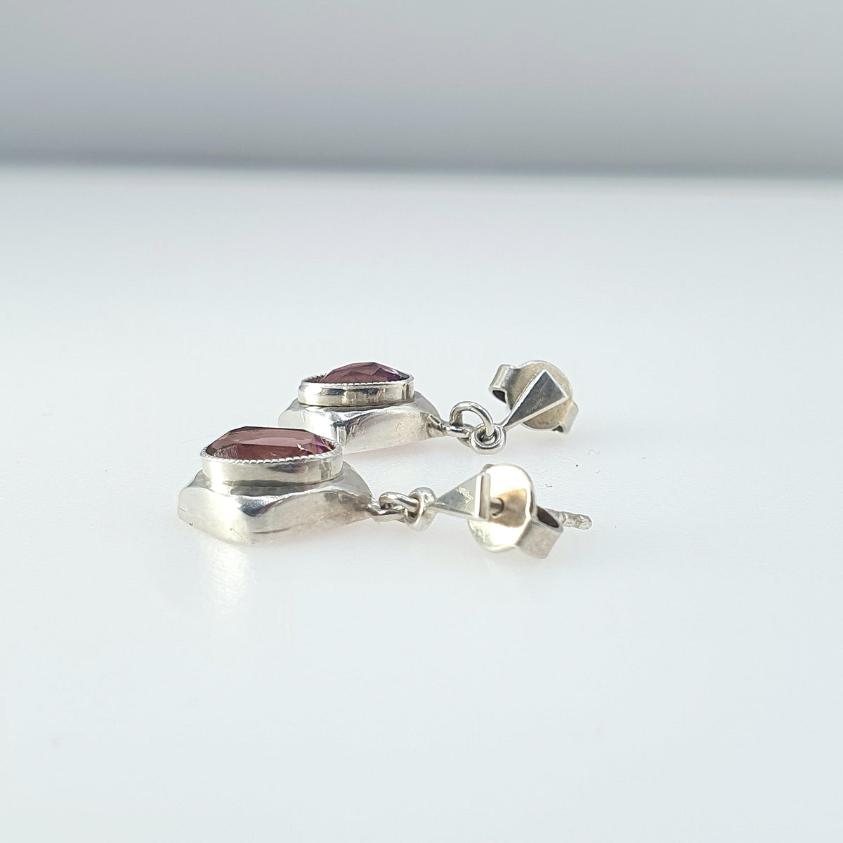 Antique Art Deco Solid Silver Amethyst Paste Earrings Stud Hanging Square Shape Oval Cut Vintage Womens Jewelry Jewellery