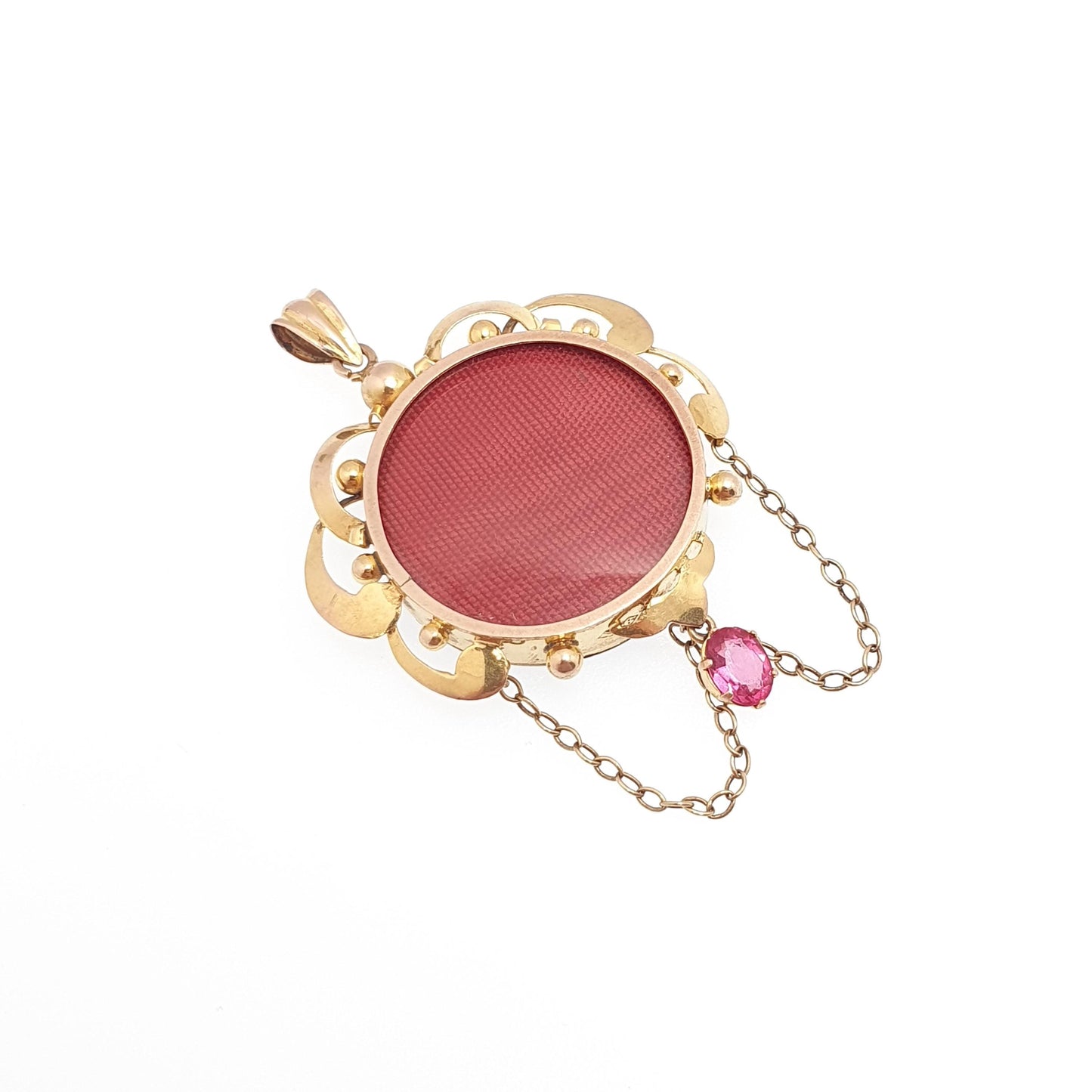 Antique 9ct Gold Locket Necklace Pink Paste Pendant Chain Link Double Sided Solid 9k 375 Yellow Edwardian Vintage Jewelry Womens Jewellery