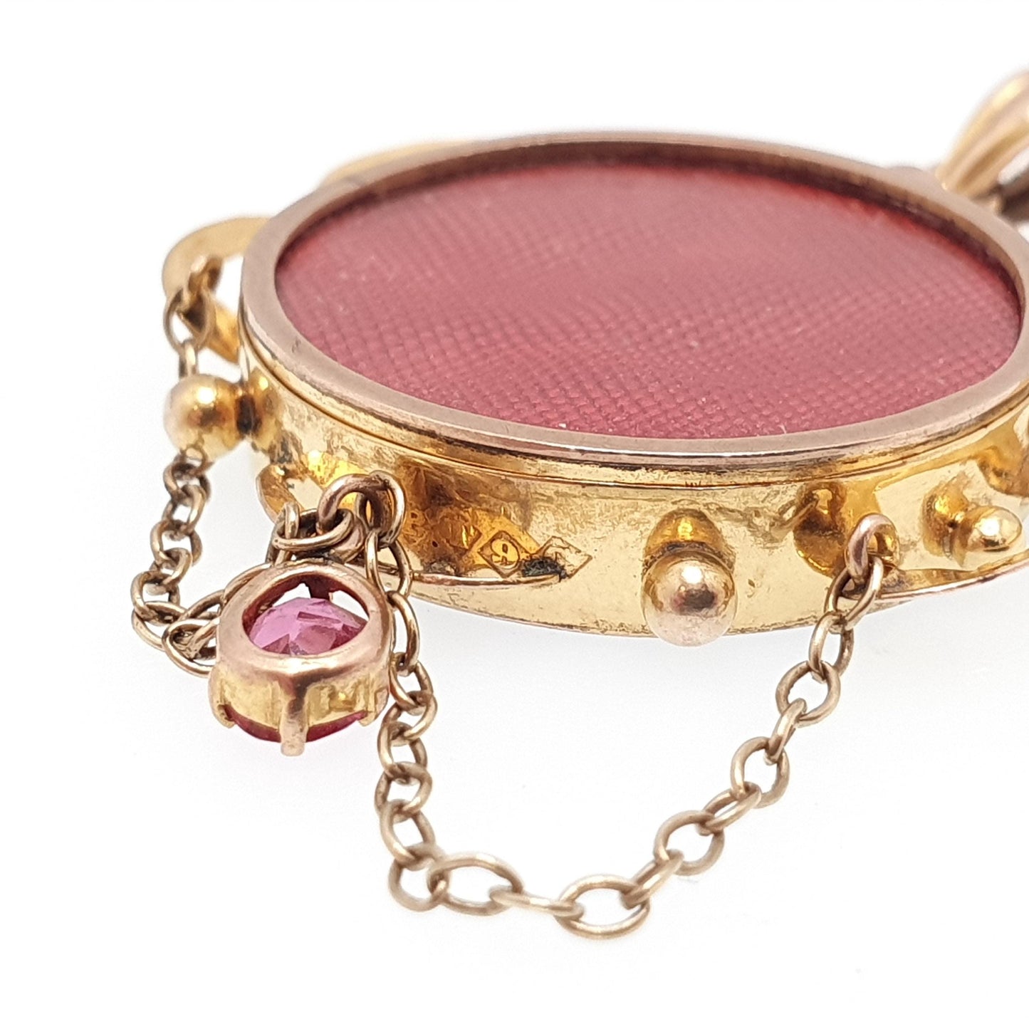 Antique 9ct Gold Locket Necklace Pink Paste Pendant Chain Link Double Sided Solid 9k 375 Yellow Edwardian Vintage Jewelry Womens Jewellery