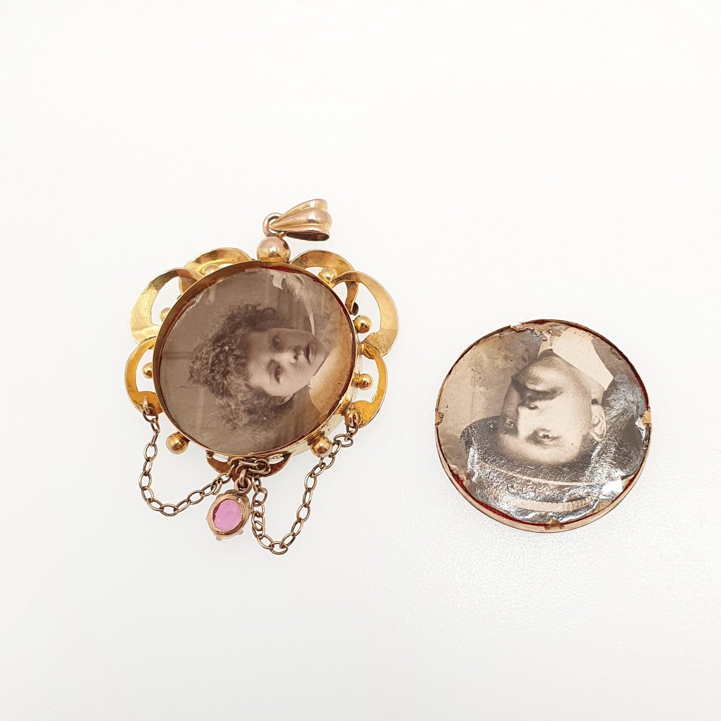 Antique 9ct Gold Locket Necklace Pink Paste Pendant Chain Link Double Sided Solid 9k 375 Yellow Edwardian Vintage Jewelry Womens Jewellery