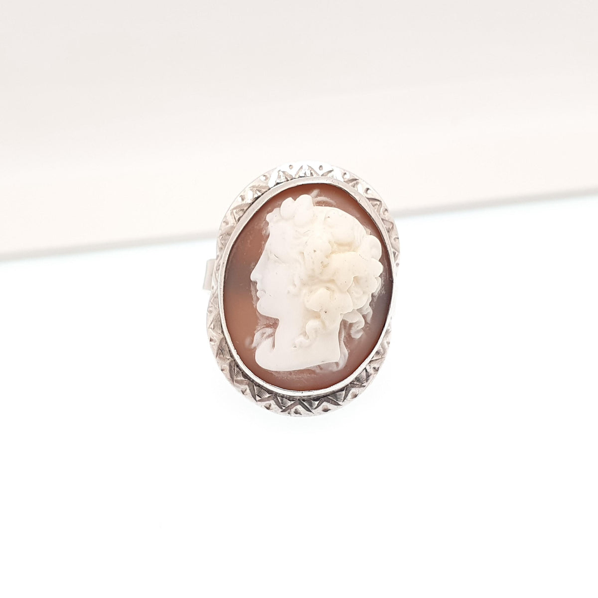 Antique Victorian Solid Silver Cameo Ring Hand Engraved and Carved High Relief Genuine Shell Vintage 1800s Womens Signet Jewelry