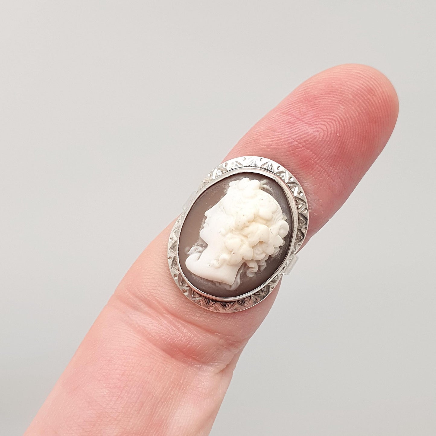Antique Victorian Solid Silver Cameo Ring Hand Engraved and Carved High Relief Genuine Shell Vintage 1800s Womens Signet Jewelry