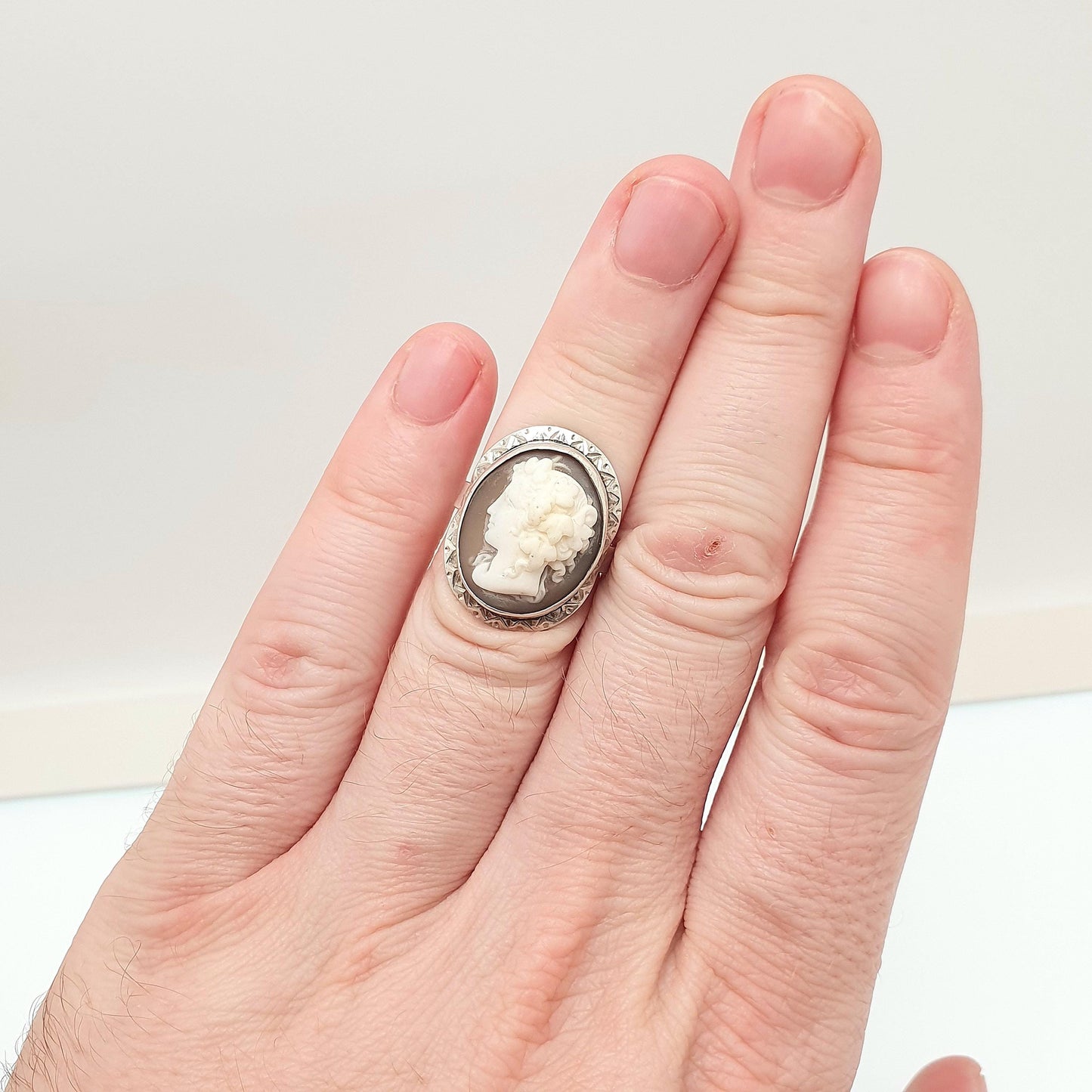 Antique Victorian Solid Silver Cameo Ring Hand Engraved and Carved High Relief Genuine Shell Vintage 1800s Womens Signet Jewelry