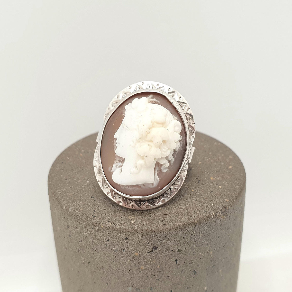 Antique Victorian Solid Silver Cameo Ring Hand Engraved and Carved High Relief Genuine Shell Vintage 1800s Womens Signet Jewelry