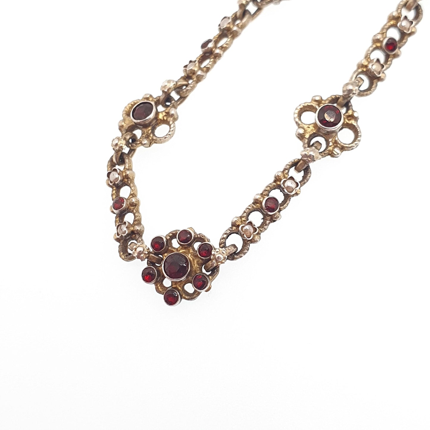 Antique Gold On Solid Silver Garnet & Seed Pearl Bracelet Austro Hungarian Cluster Knot 15cm 7.08g Vermeil Womens Jewelry Jewellery
