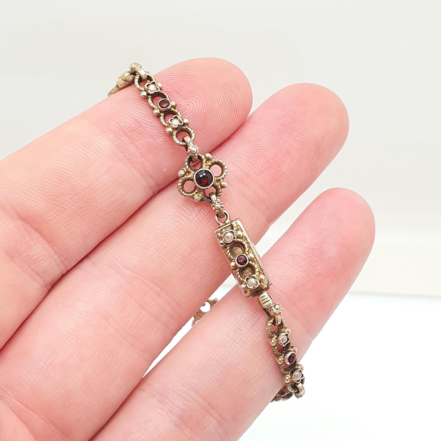 Antique Gold On Solid Silver Garnet & Seed Pearl Bracelet Austro Hungarian Cluster Knot 15cm 7.08g Vermeil Womens Jewelry Jewellery