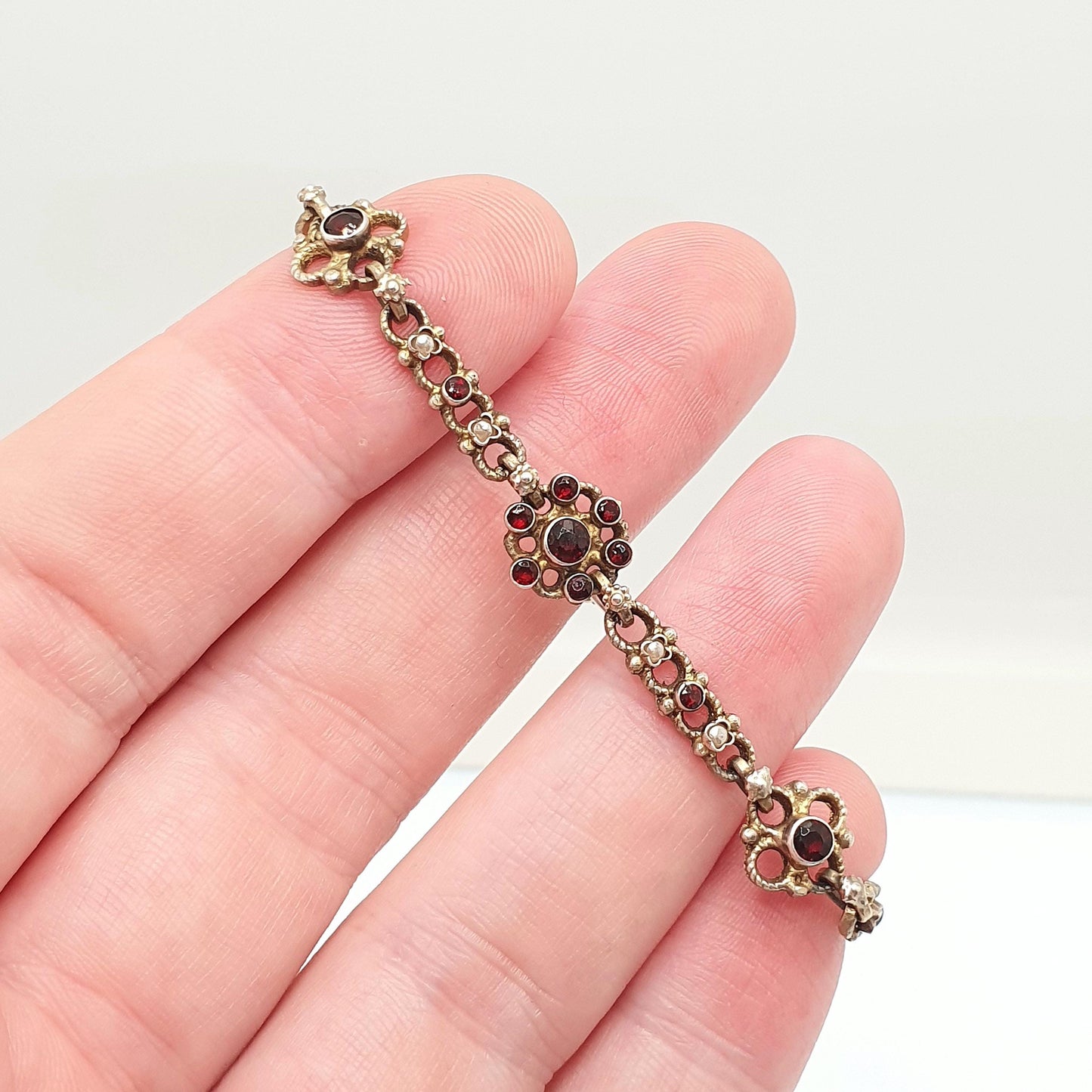 Antique Gold On Solid Silver Garnet & Seed Pearl Bracelet Austro Hungarian Cluster Knot 15cm 7.08g Vermeil Womens Jewelry Jewellery