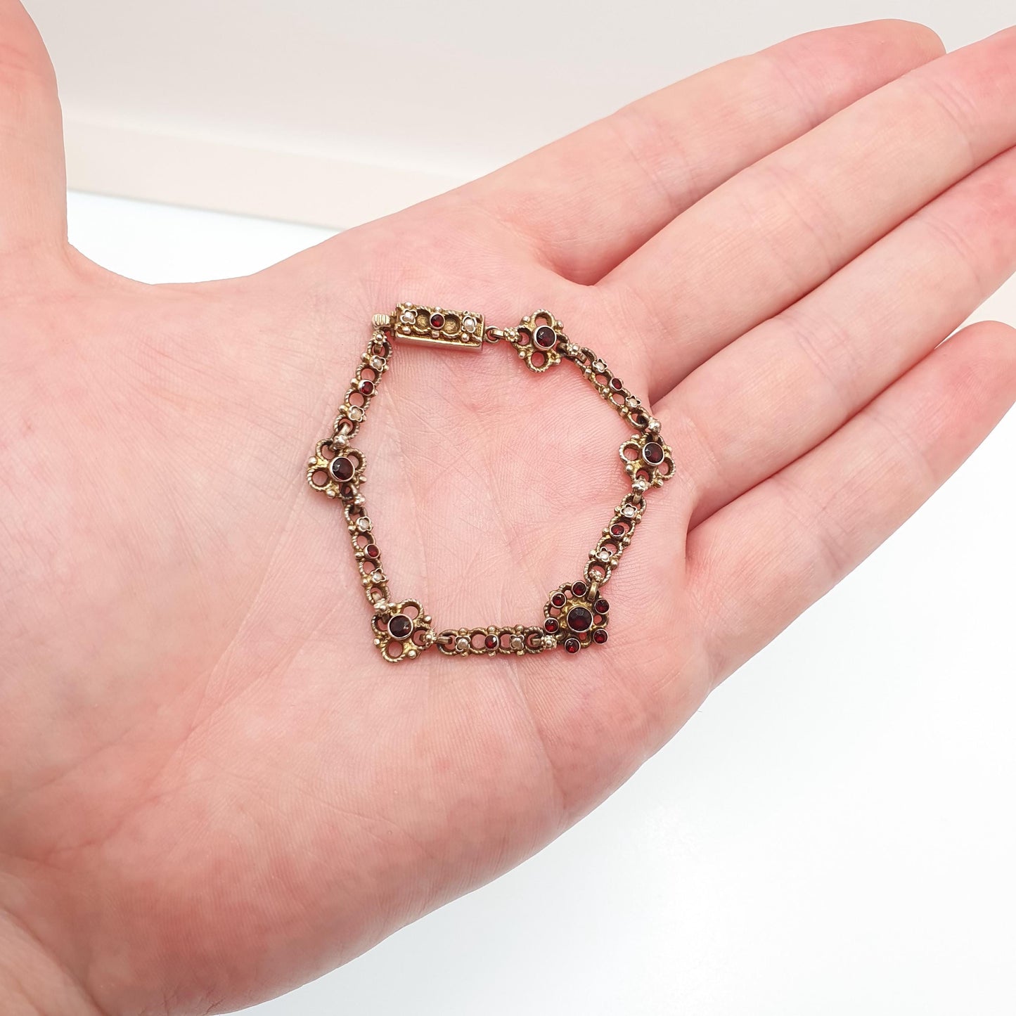 Antique Gold On Solid Silver Garnet & Seed Pearl Bracelet Austro Hungarian Cluster Knot 15cm 7.08g Vermeil Womens Jewelry Jewellery
