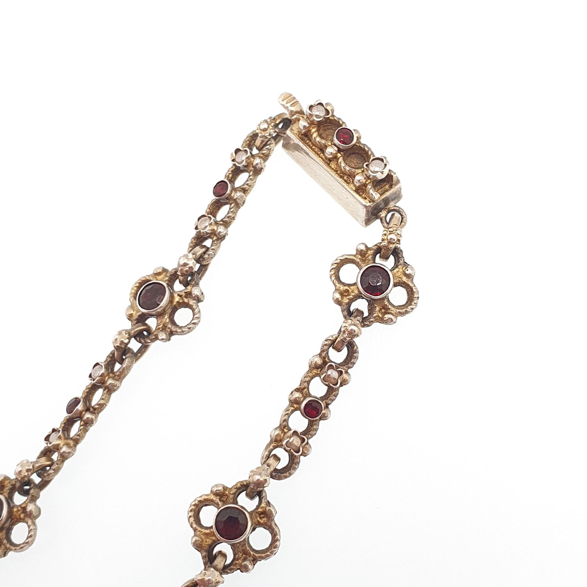 Antique Gold On Solid Silver Garnet & Seed Pearl Bracelet Austro Hungarian Cluster Knot 15cm 7.08g Vermeil Womens Jewelry Jewellery