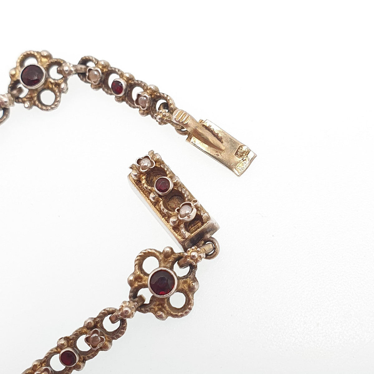 Antique Gold On Solid Silver Garnet & Seed Pearl Bracelet Austro Hungarian Cluster Knot 15cm 7.08g Vermeil Womens Jewelry Jewellery
